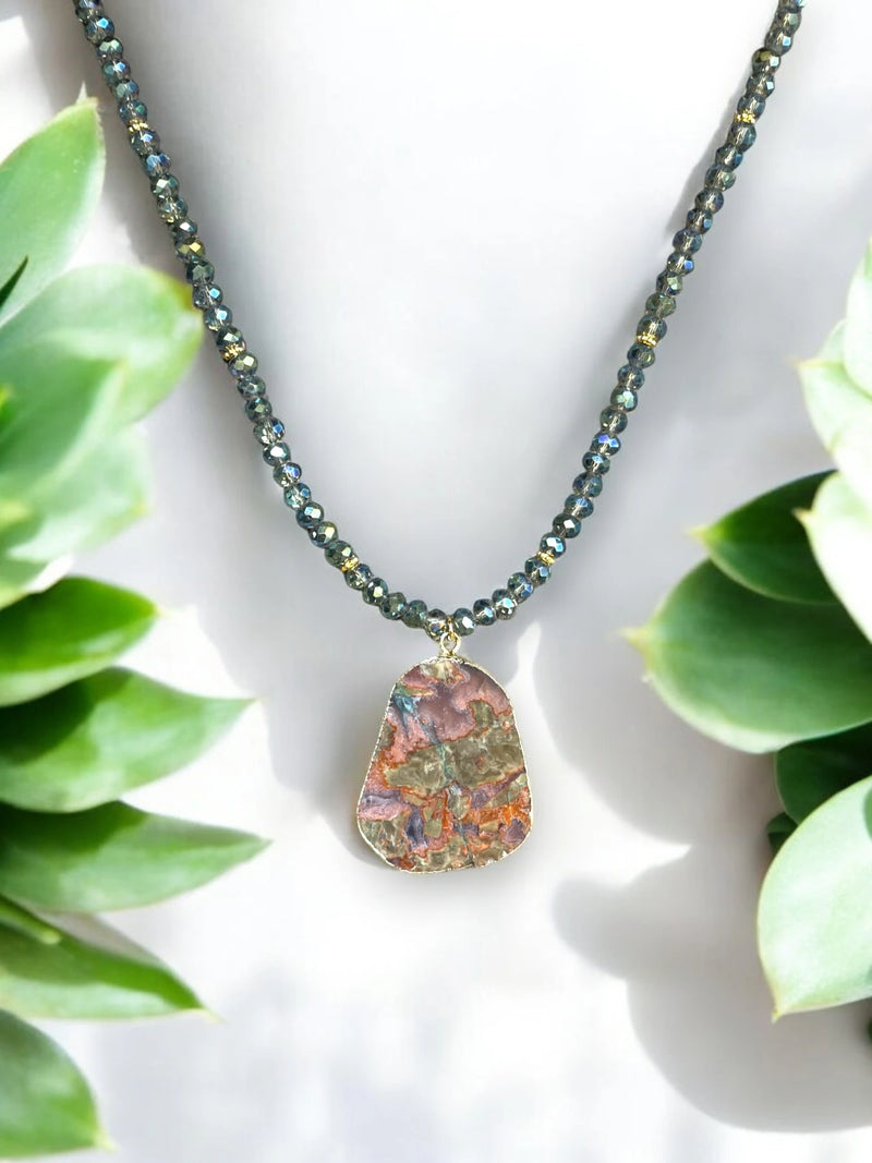 Ocean Jasper Pendant Necklace, Peacock Crystal Beads, Gemstone Necklace