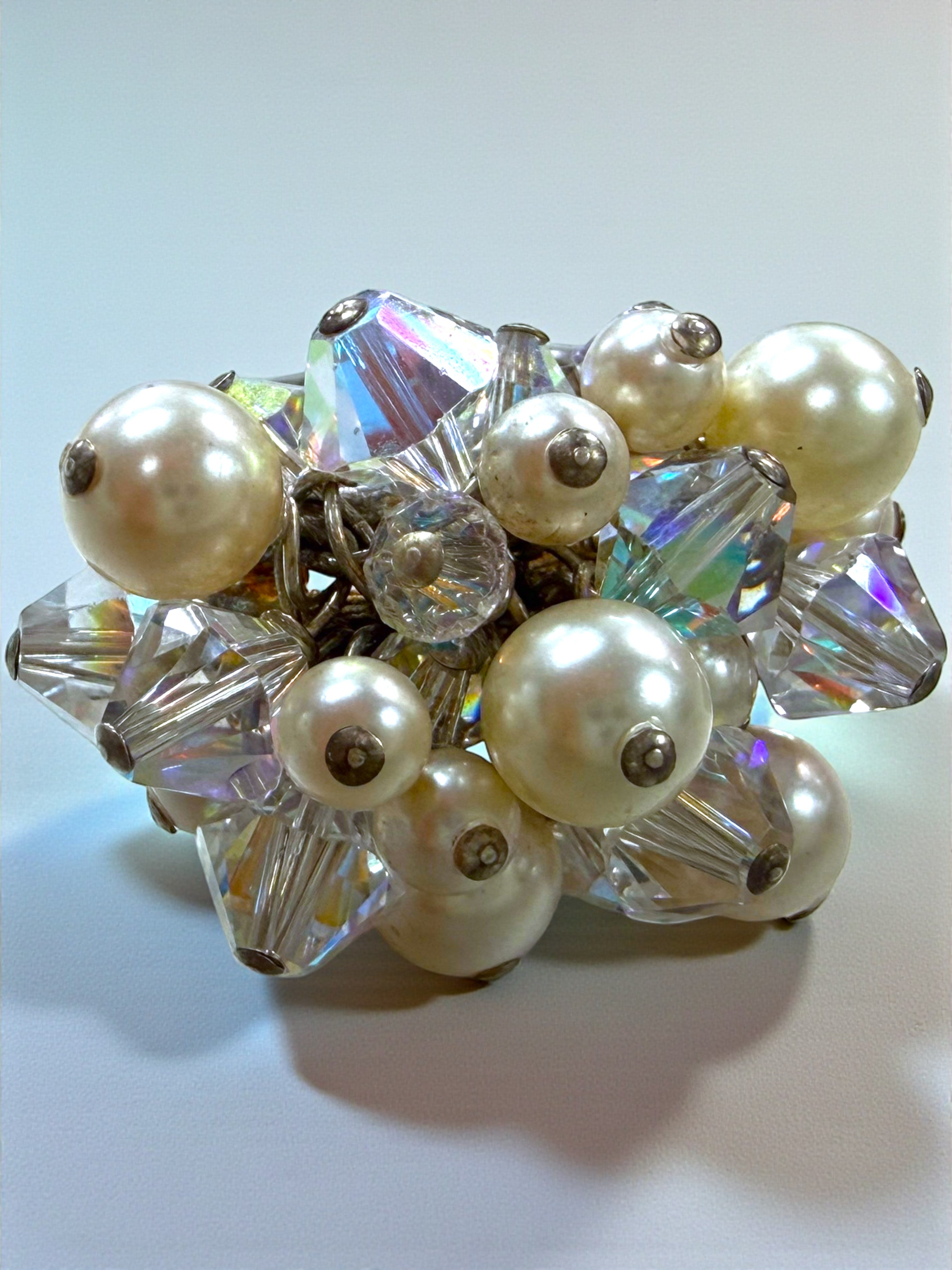 Sterling Silver Austrian Pearl & Crystal Cluster Ring
