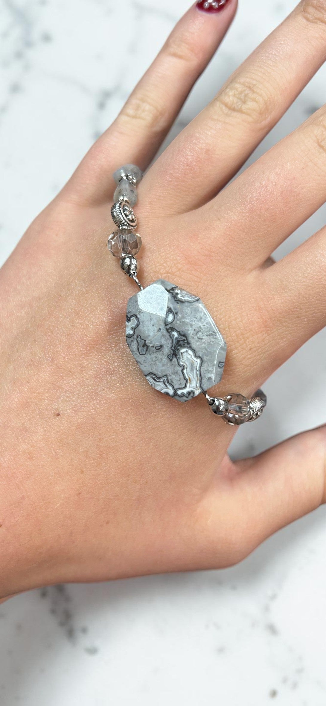 Elegant Picasso Jasper Statement Bracelet with Grey Crystals & Sterling Silver Accents | LIMITED EDITION |