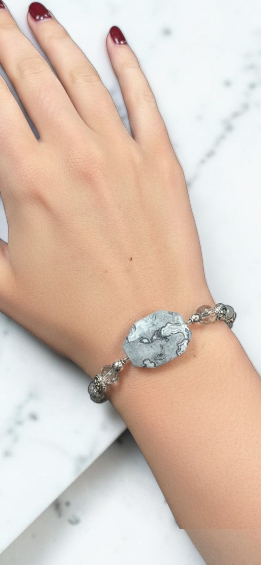 Elegant Picasso Jasper Statement Bracelet with Grey Crystals & Sterling Silver Accents | LIMITED EDITION |