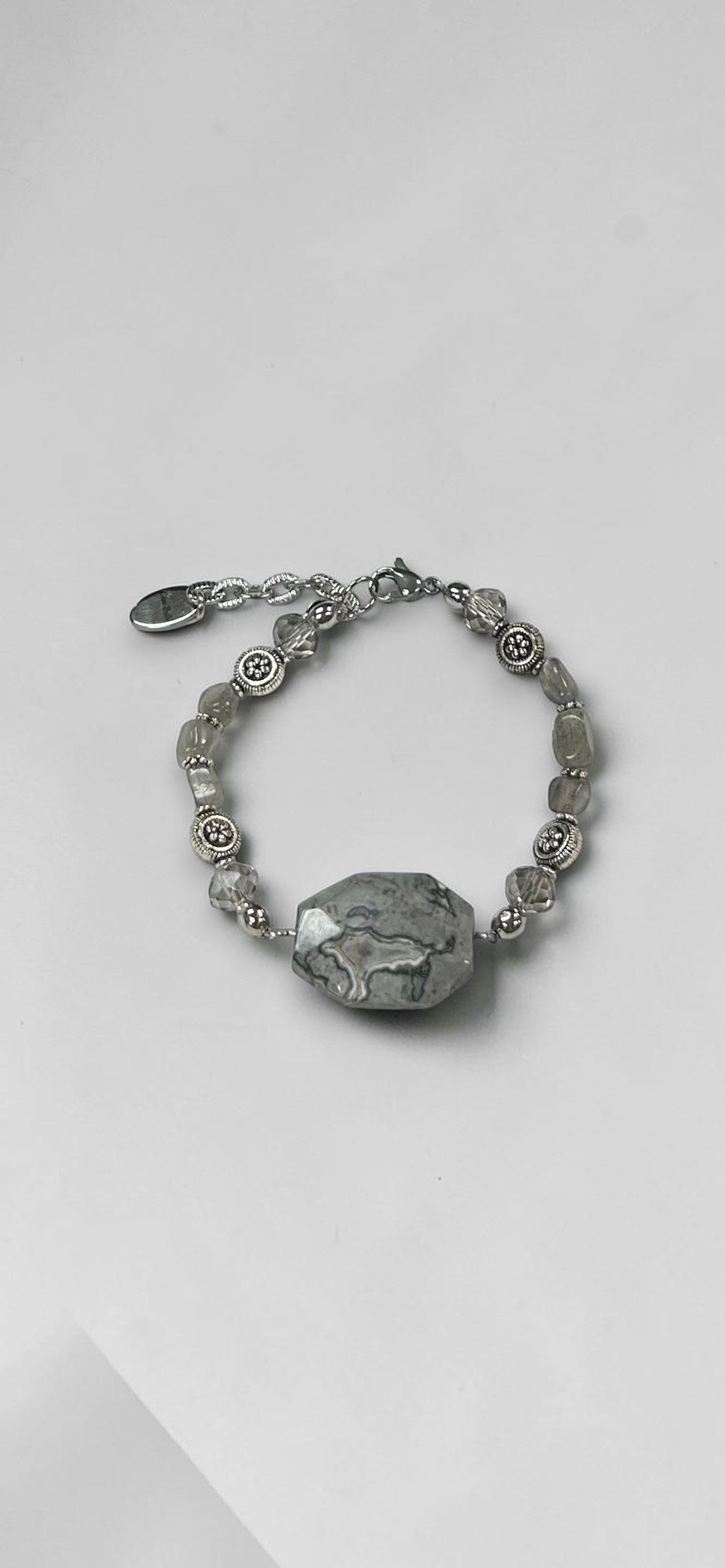 Elegant Picasso Jasper Statement Bracelet with Grey Crystals & Sterling Silver Accents | LIMITED EDITION |