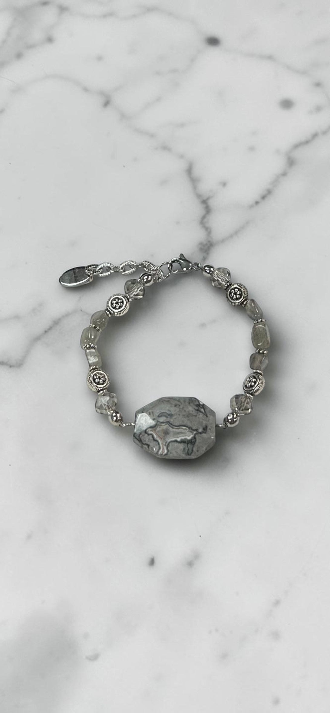 Elegant Picasso Jasper Statement Bracelet with Grey Crystals & Sterling Silver Accents | LIMITED EDITION |