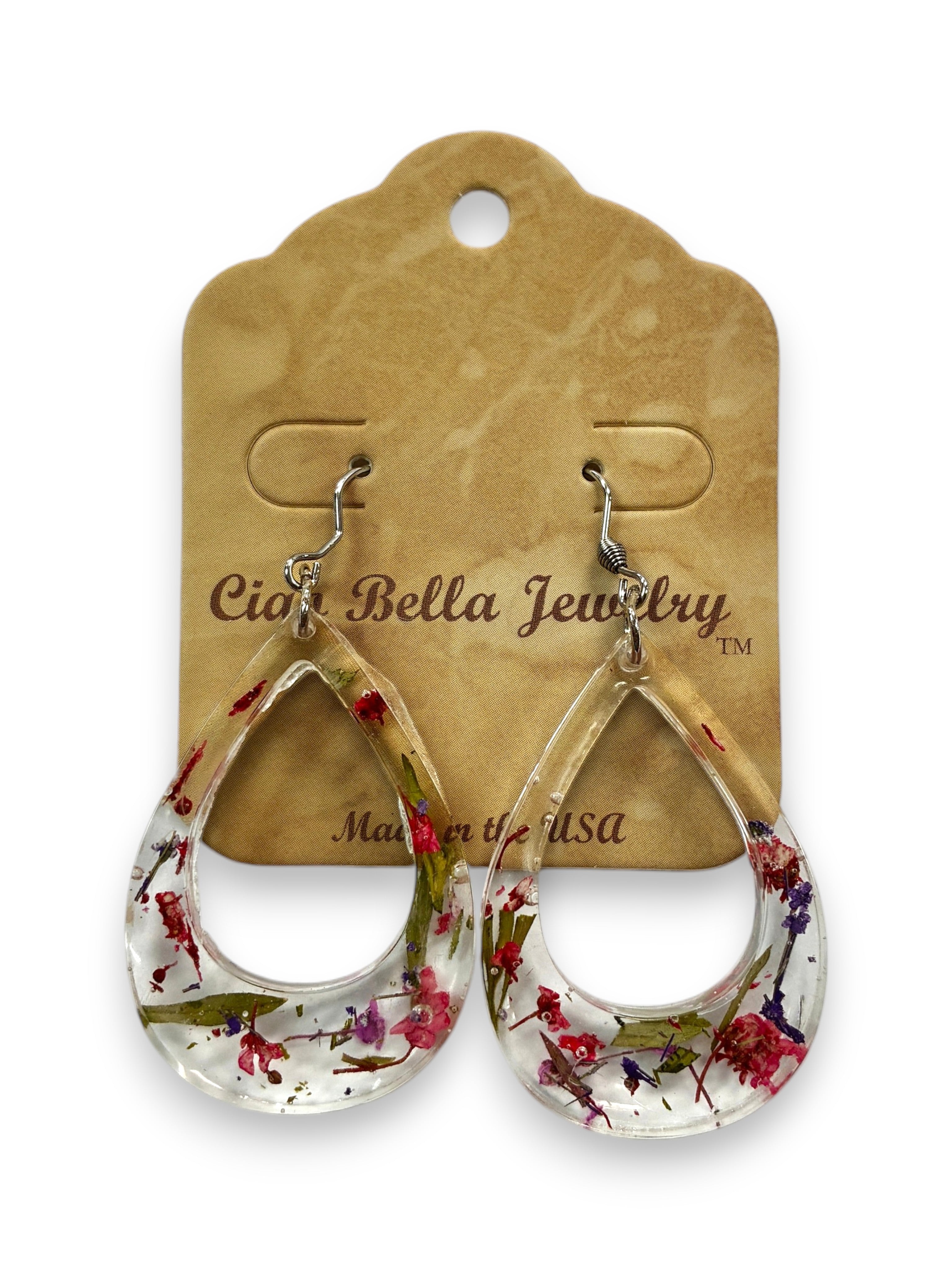 Pressed Flower Resin Teardrop Earrings in Rainbow Variant Colors