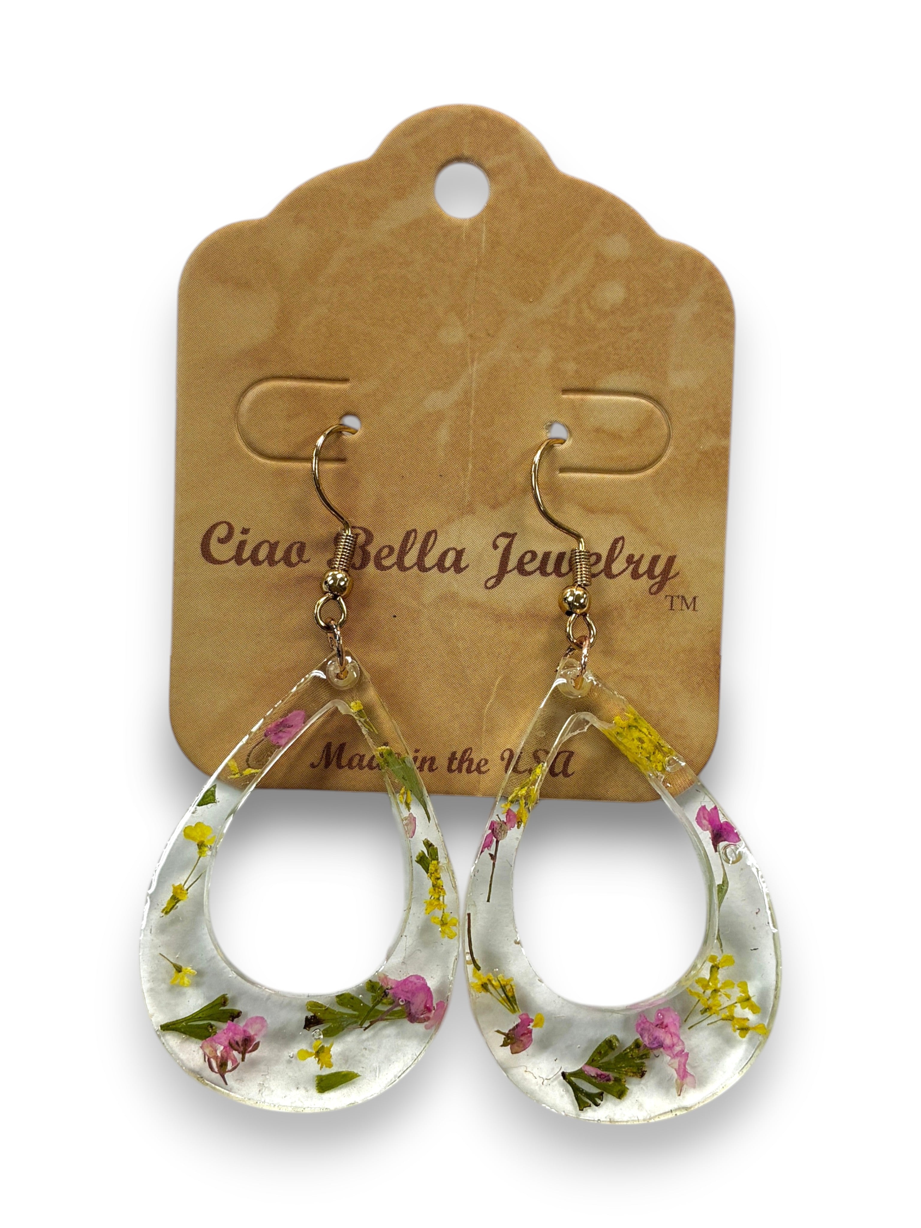 Pressed Flower Resin Teardrop Earrings in Rainbow Variant Colors