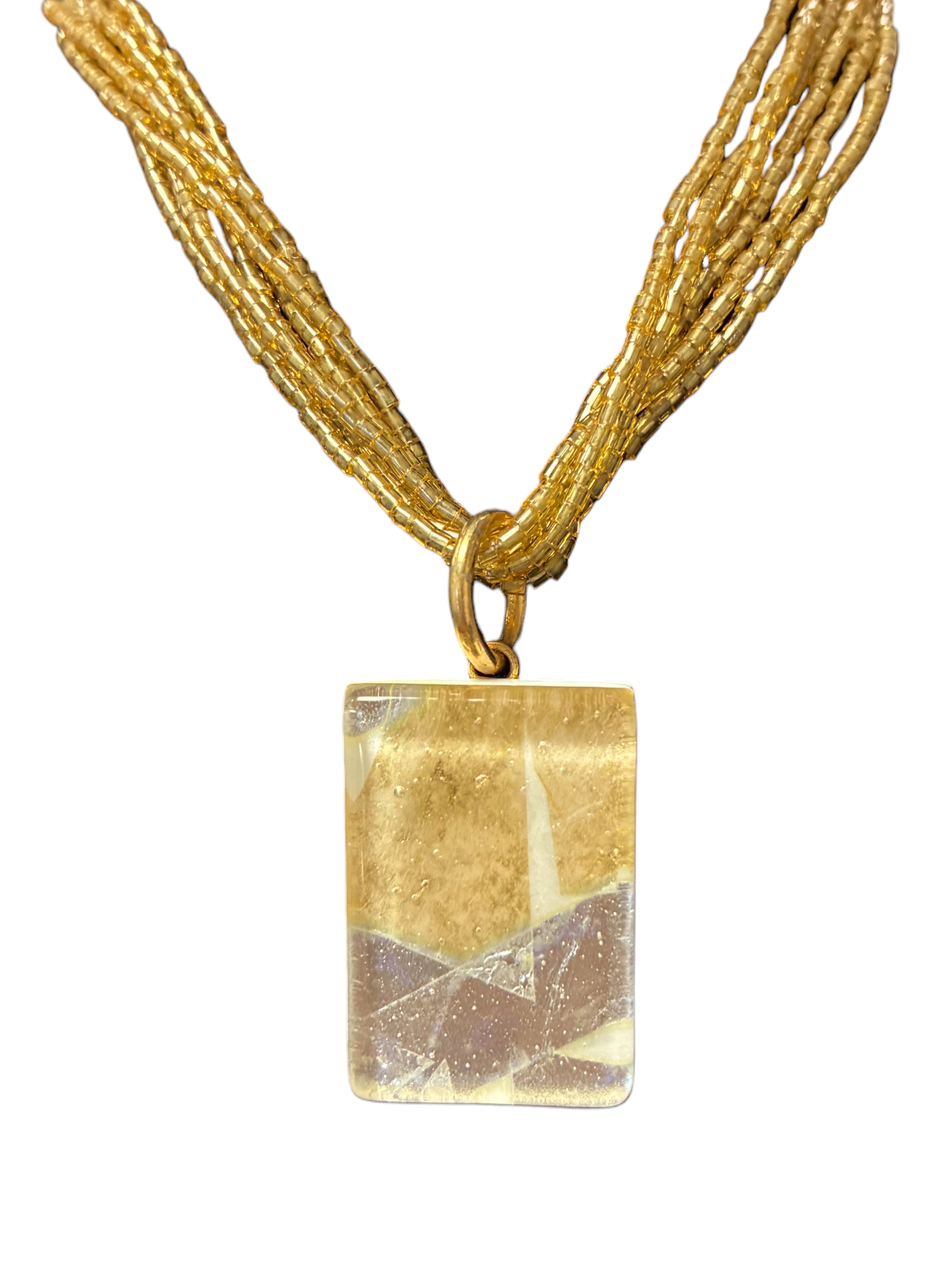 Dazzling Gold and Silver Murano Glass Rectangle Pendant with Yellow Multi-Strand Beads