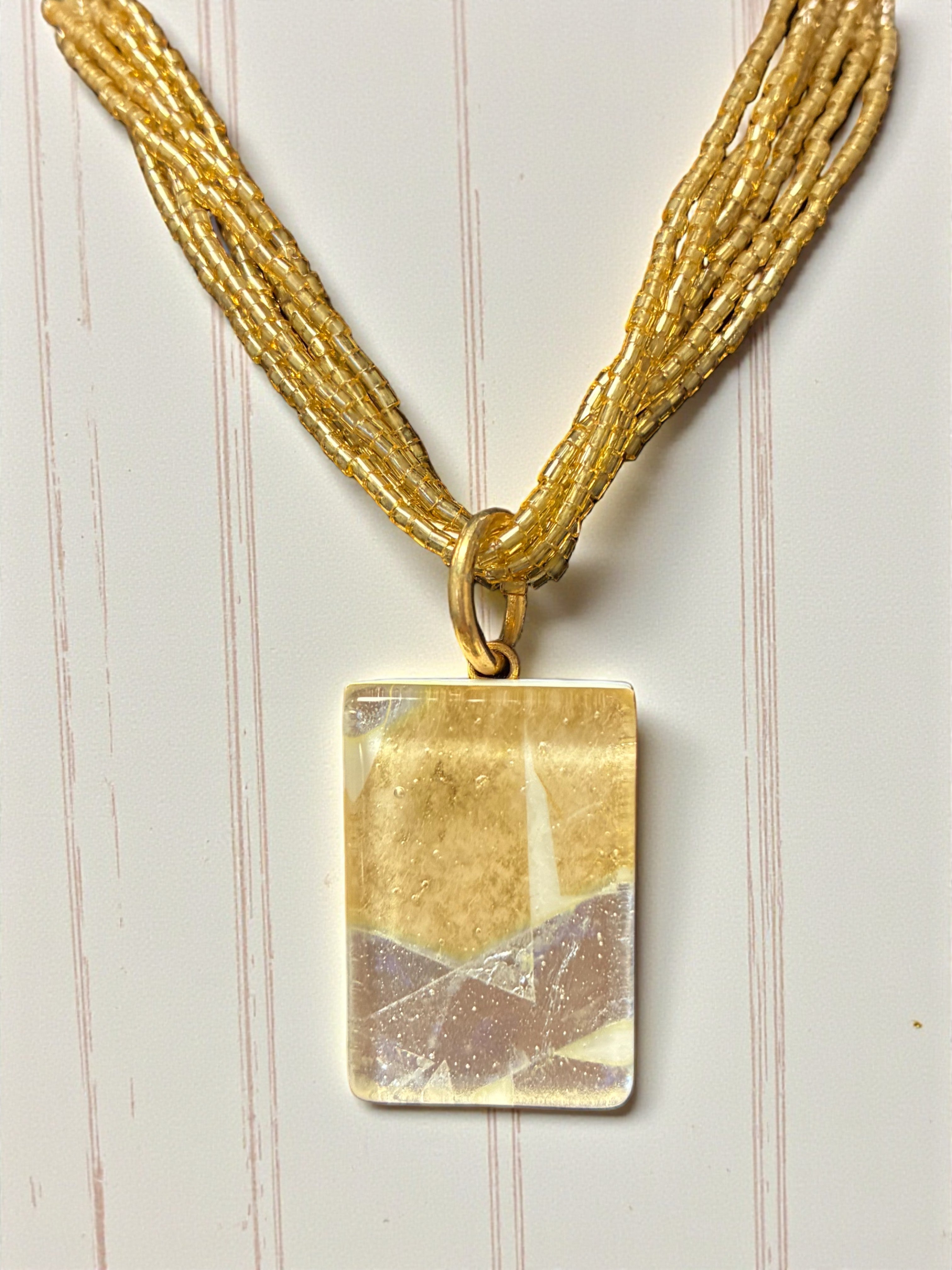 Dazzling Gold and Silver Murano Glass Rectangle Pendant with Yellow Multi-Strand Beads
