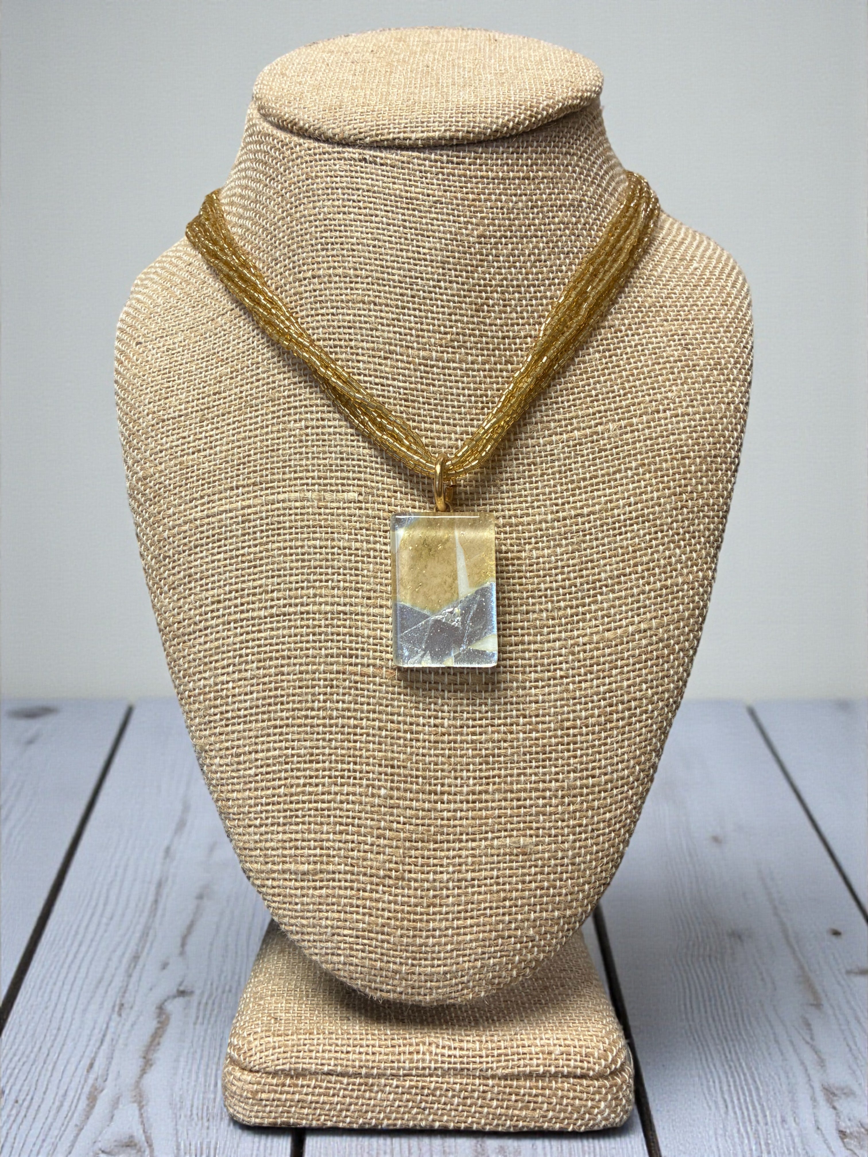 Dazzling Gold and Silver Murano Glass Rectangle Pendant with Yellow Multi-Strand Beads