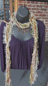 Boho Beaded Lightweight Mohair Scarf Necklace - Brown, Green, and Ivory