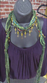 Boho Beaded Lightweight Scarf Necklace - Green and Gold