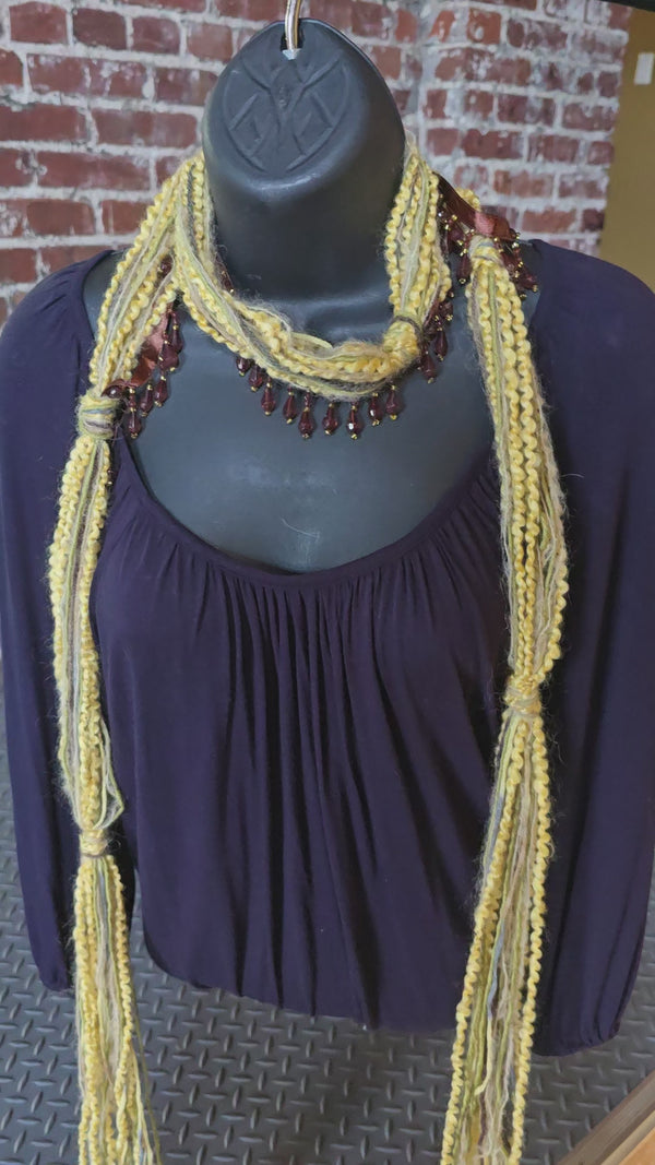 Boho Beaded Lightweight Mohair Scarf Necklace - Pale Yellow, Brown with Beads