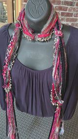 Boho Beaded Lightweight Scarf Necklace - Hot Pink and Black with Metal Beads