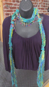 Boho Beaded Lightweight Mohair Scarf Necklace - Turquoise and Aqua
