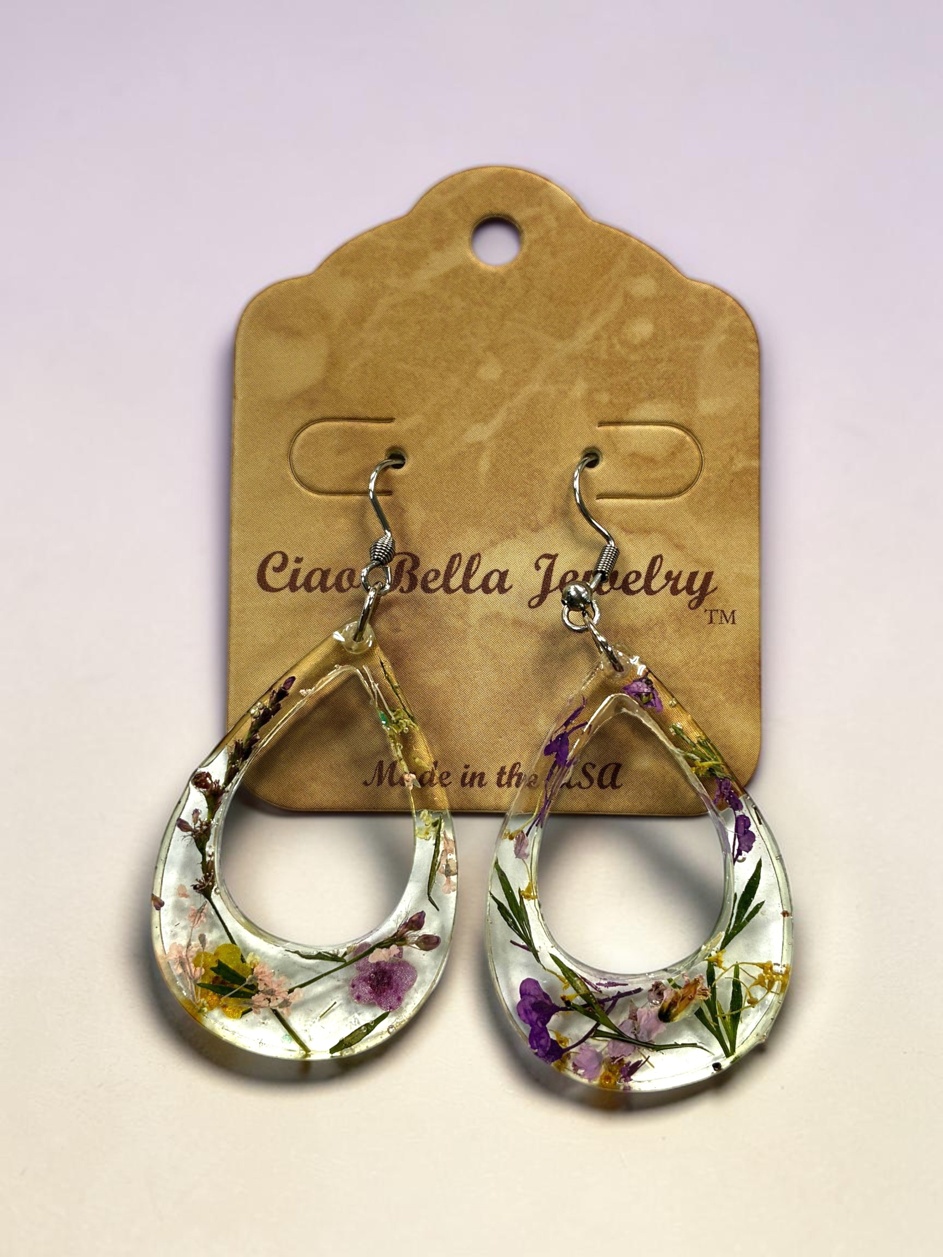 Pressed Flower Resin Teardrop Earrings in Rainbow Variant Colors