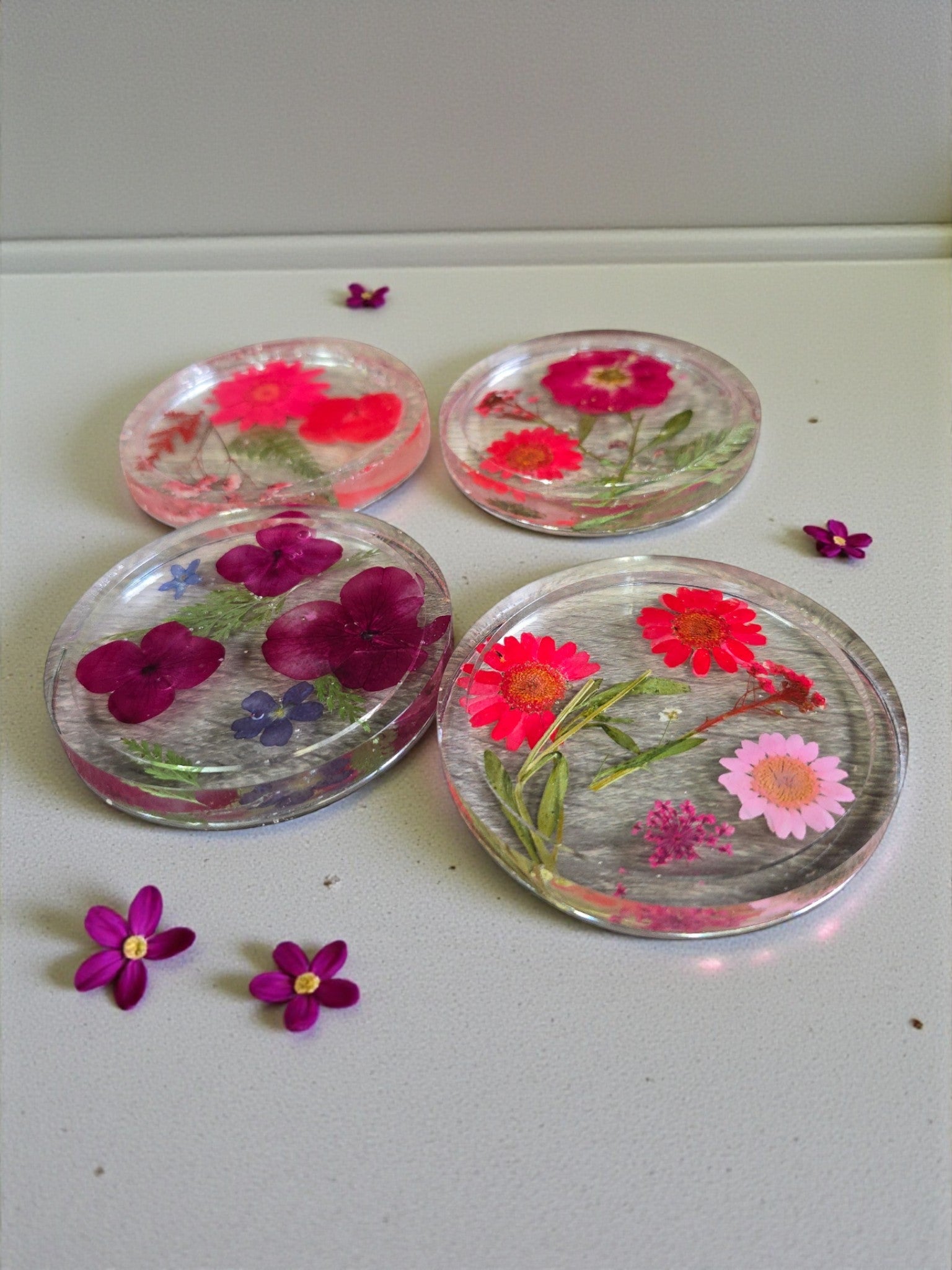 Four Pressed Flower Resin Coasters Set - Botanical Coaster with Real Flowers
