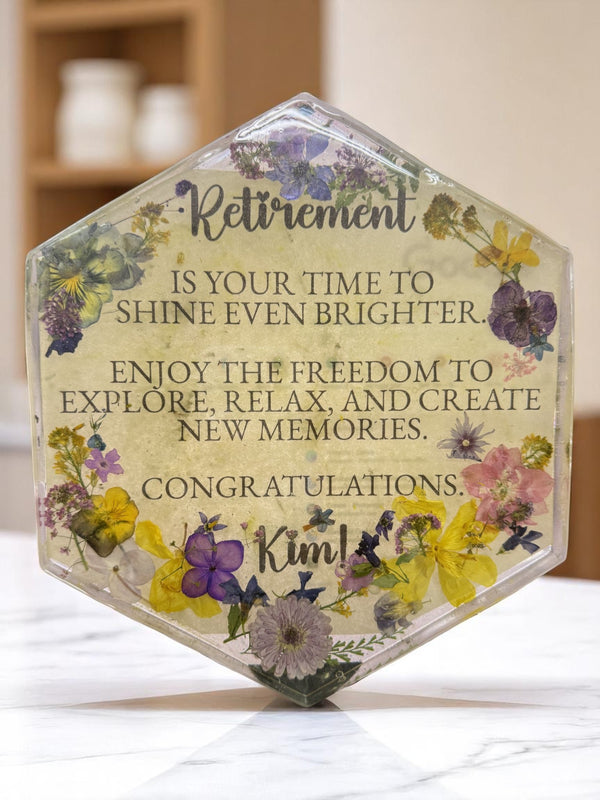 Everlasting Bloom Retirement Plaque - Personalized Resin & Real Flowers