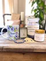 September Birthday Gift Box, Candle, Sapphire Jewelry, Morning Glory Mug, Women's Birthday Gift