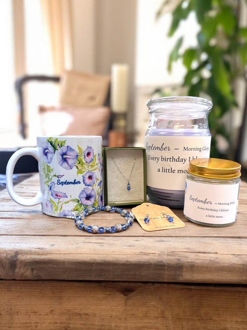 September Birthday Gift Box, Candle, Sapphire Jewelry, Morning Glory Mug, Women's Birthday Gift