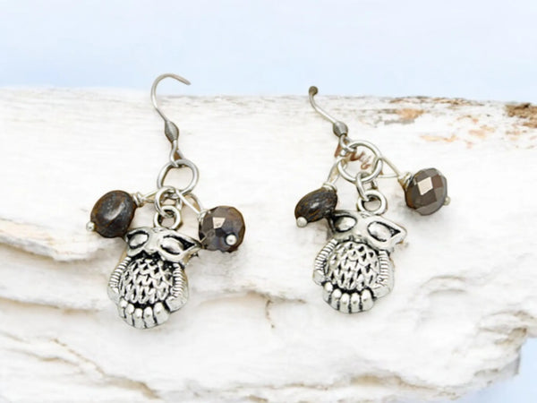 Silver Owl Charm Dangle Earrings