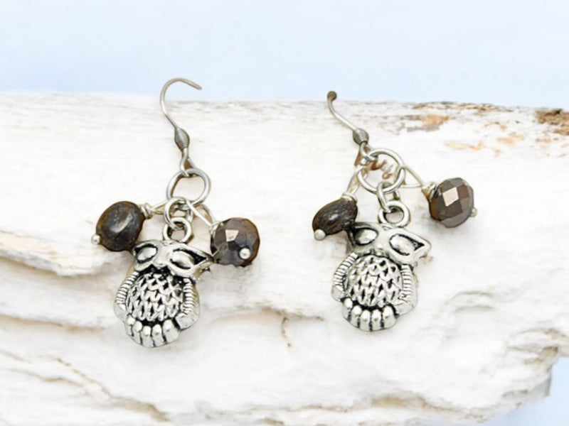 Silver Owl Charm Dangle Earrings