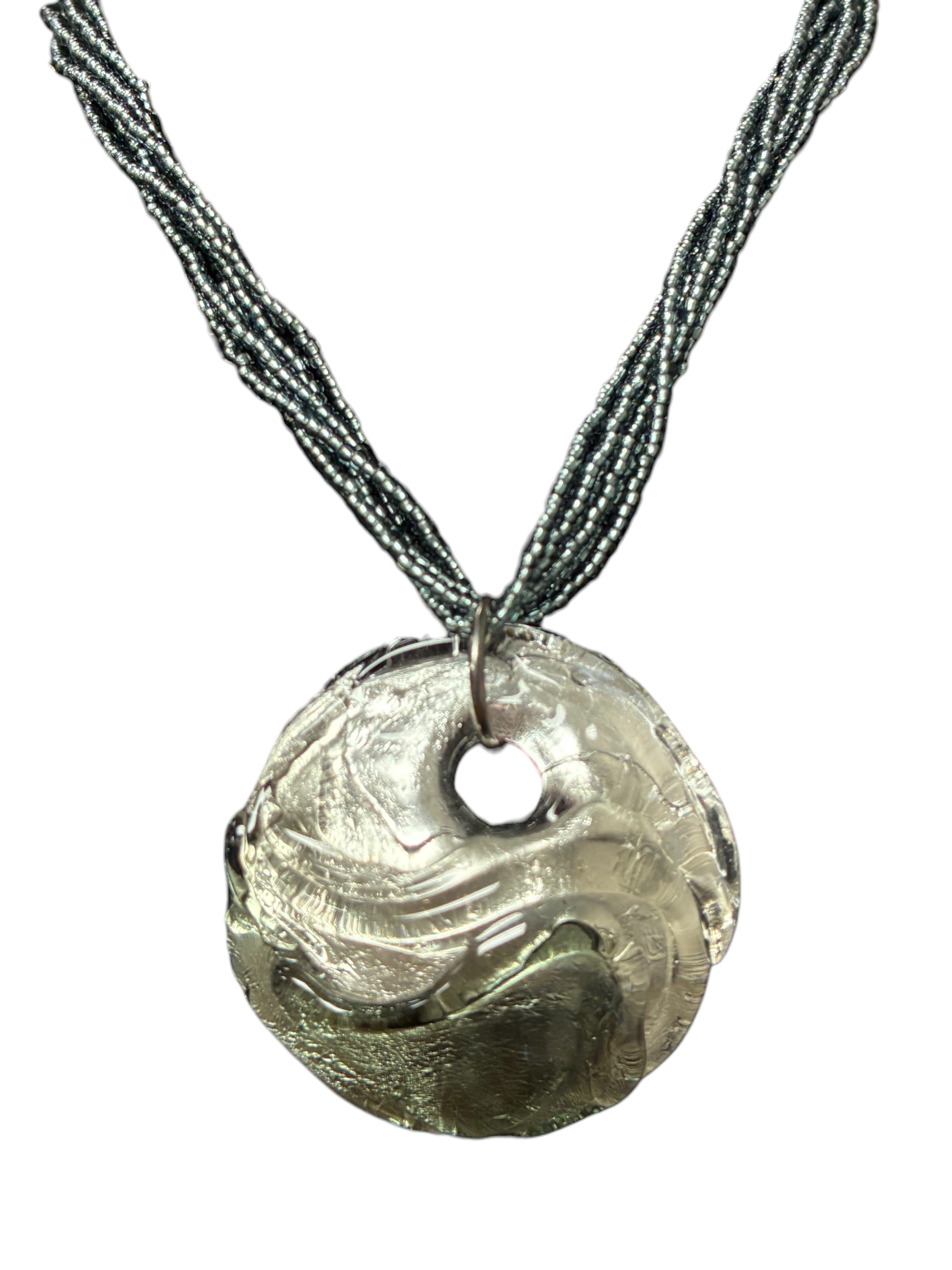 Elegant Silver and Gray Murano Glass Circle Pendant with Navy Blue Multi-Strand Beads