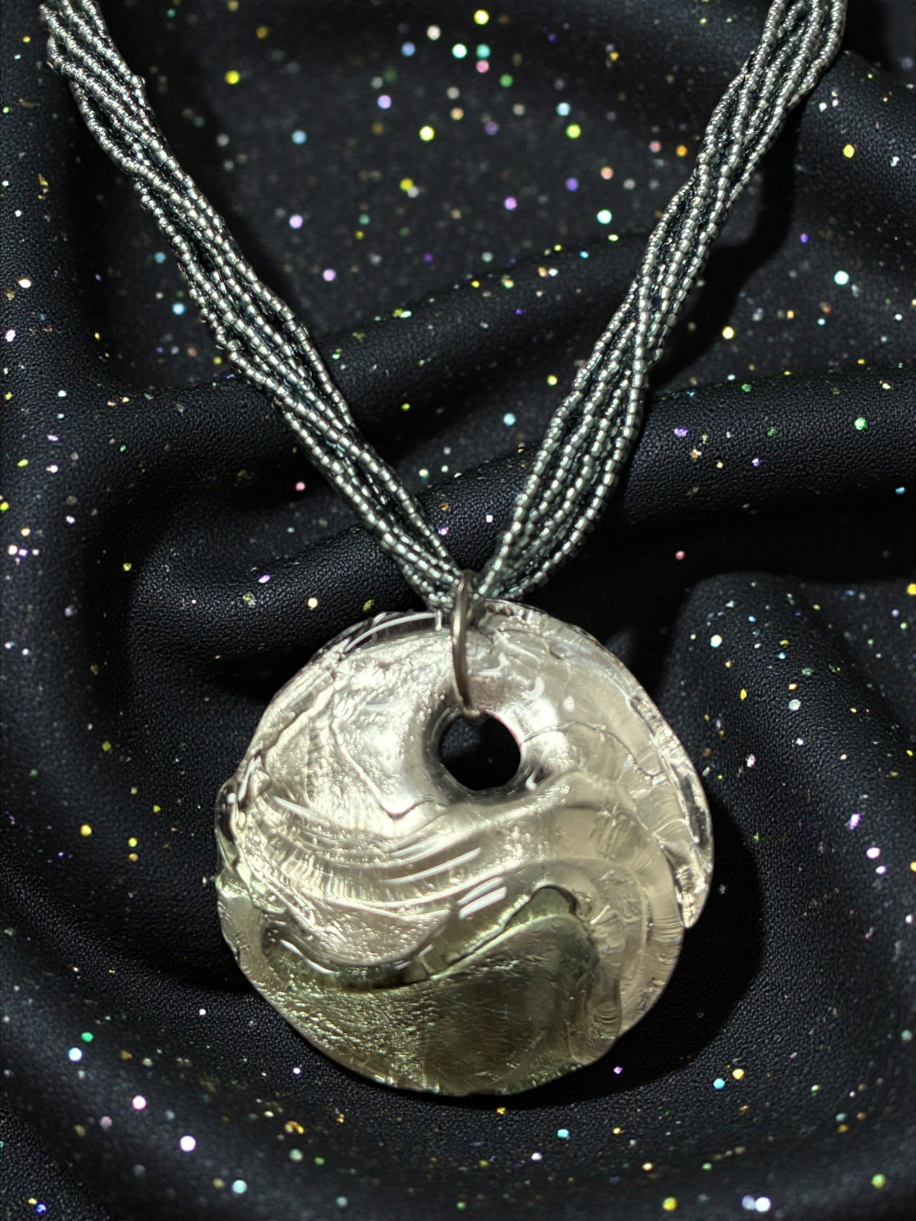 Elegant Silver and Gray Murano Glass Circle Pendant with Navy Blue Multi-Strand Beads