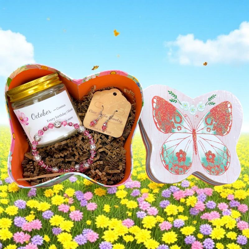 October Birthday Gift Box, Candle, Rose Jewelry, Cosmos Mug, Women's Gift