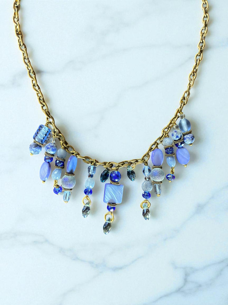 Gemstone Cluster Bib Necklace - Tiger Eye, Turquoise Amazonite, Amethyst, Blue Agate, Apatite, and Sodalite
