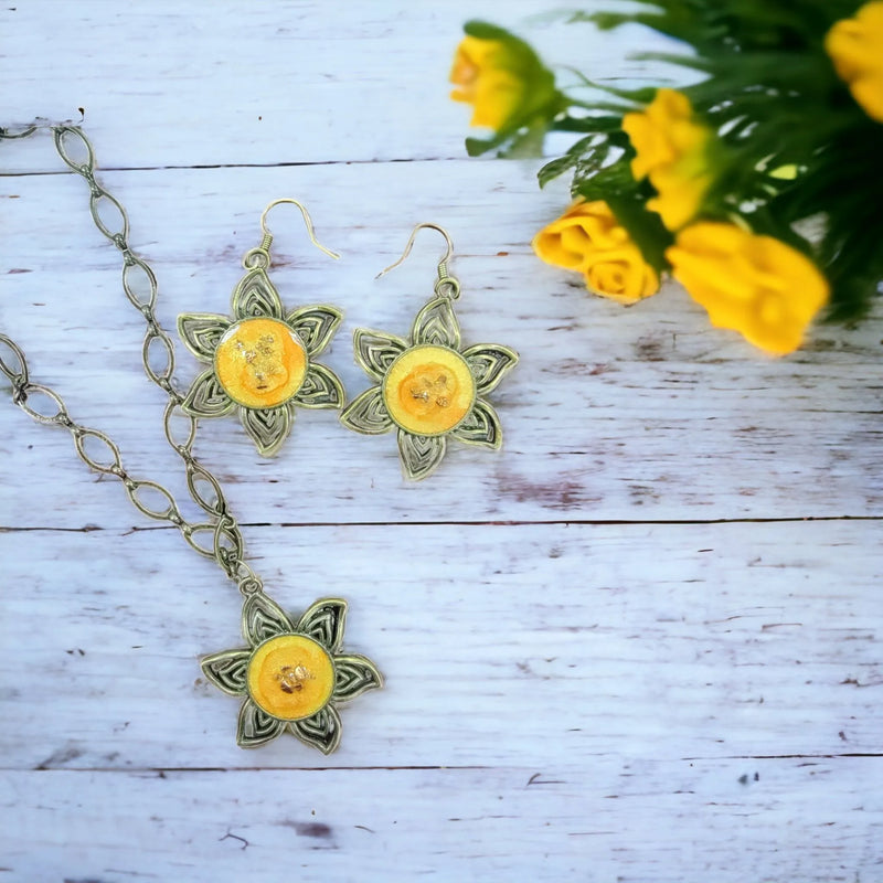 Sunshine All Around: Sunflower Pendant & Earring Set with Golden Touch