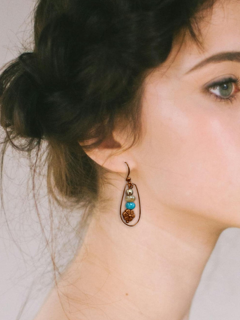 Women's Bohemian Copper Teardrop Petal Drop Earrings