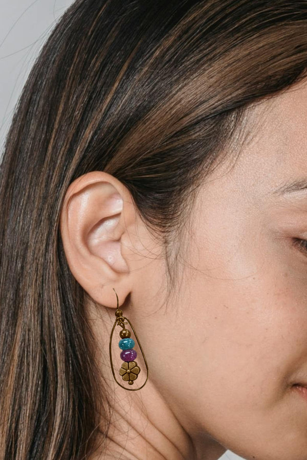 Bohemian Copper Flower Teardrop Agate Earrings | Colorful Gemstone Dangles | Multiple Color Options