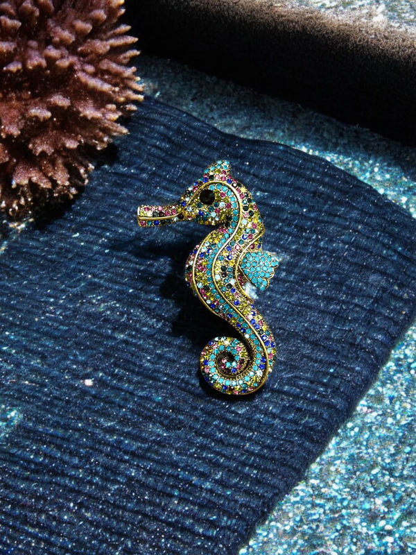 Crystal Seahorse Brooch, Teal, Blue, Green, Pink Rhinestone Pin