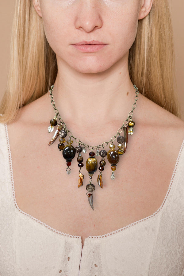 Gemstone Cluster Bib Necklace - Antique Gold - Tiger Eye, Turquoise Amazonite, Amethyst, Blue Agate, and Apatite