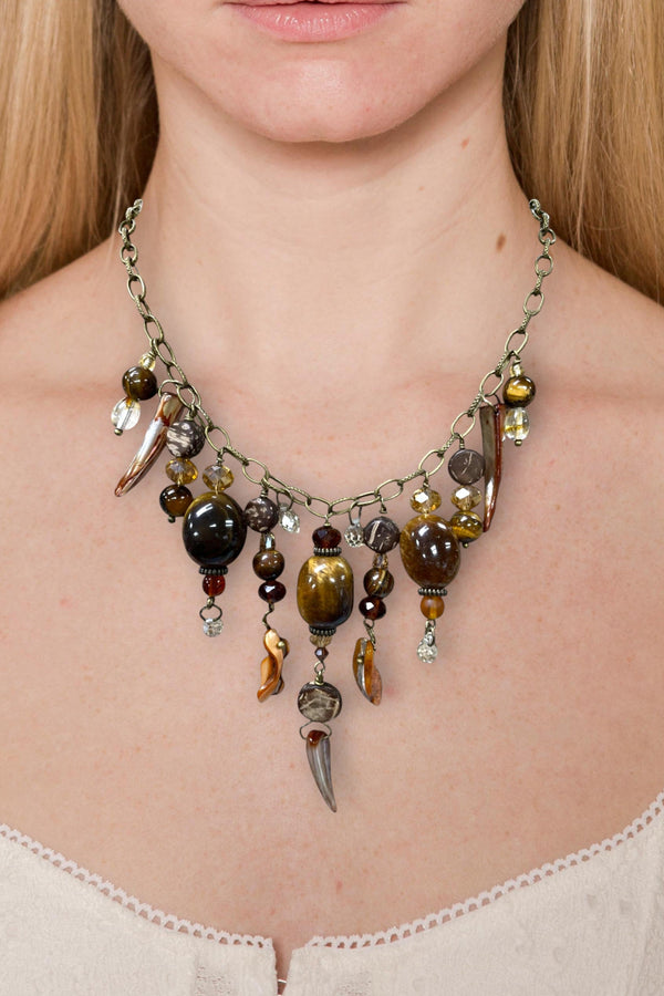 Gemstone Cluster Bib Necklace - Tiger Eye, Turquoise Amazonite, Amethyst, Blue Agate, Apatite, and Sodalite