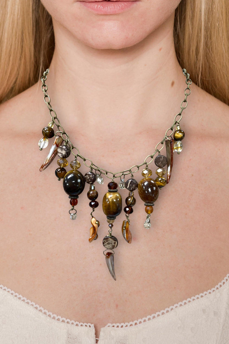 Gemstone Cluster Bib Necklace - Tiger Eye, Turquoise Amazonite, Amethyst, Blue Agate, Apatite, and Sodalite