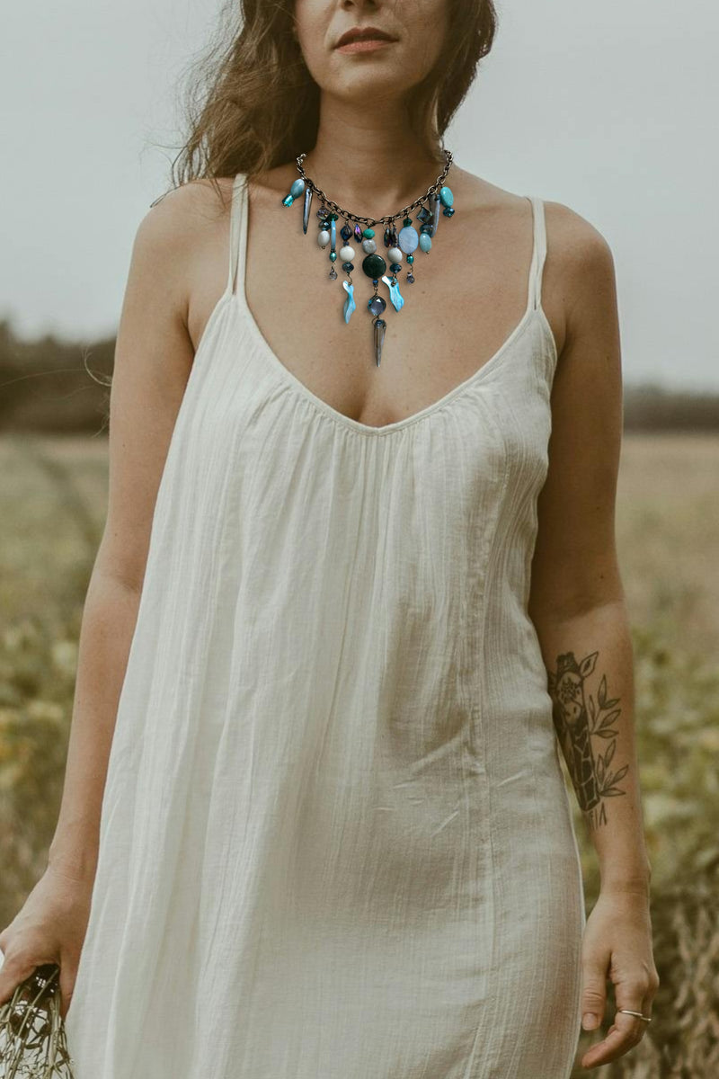 Gemstone Cluster Bib Necklace - Tiger Eye, Turquoise Amazonite, Amethyst, Blue Agate, Apatite, and Sodalite