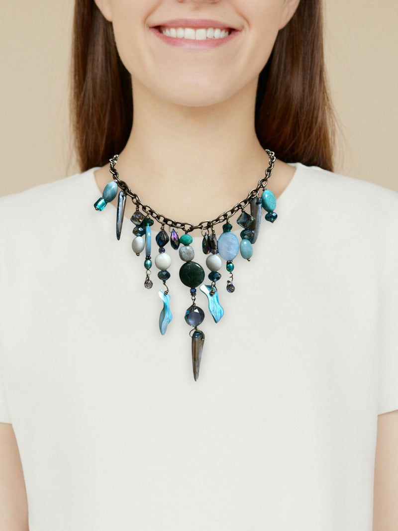 Gemstone Cluster Bib Necklace - Antique Gold - Tiger Eye, Turquoise Amazonite, Amethyst, Blue Agate, and Apatite