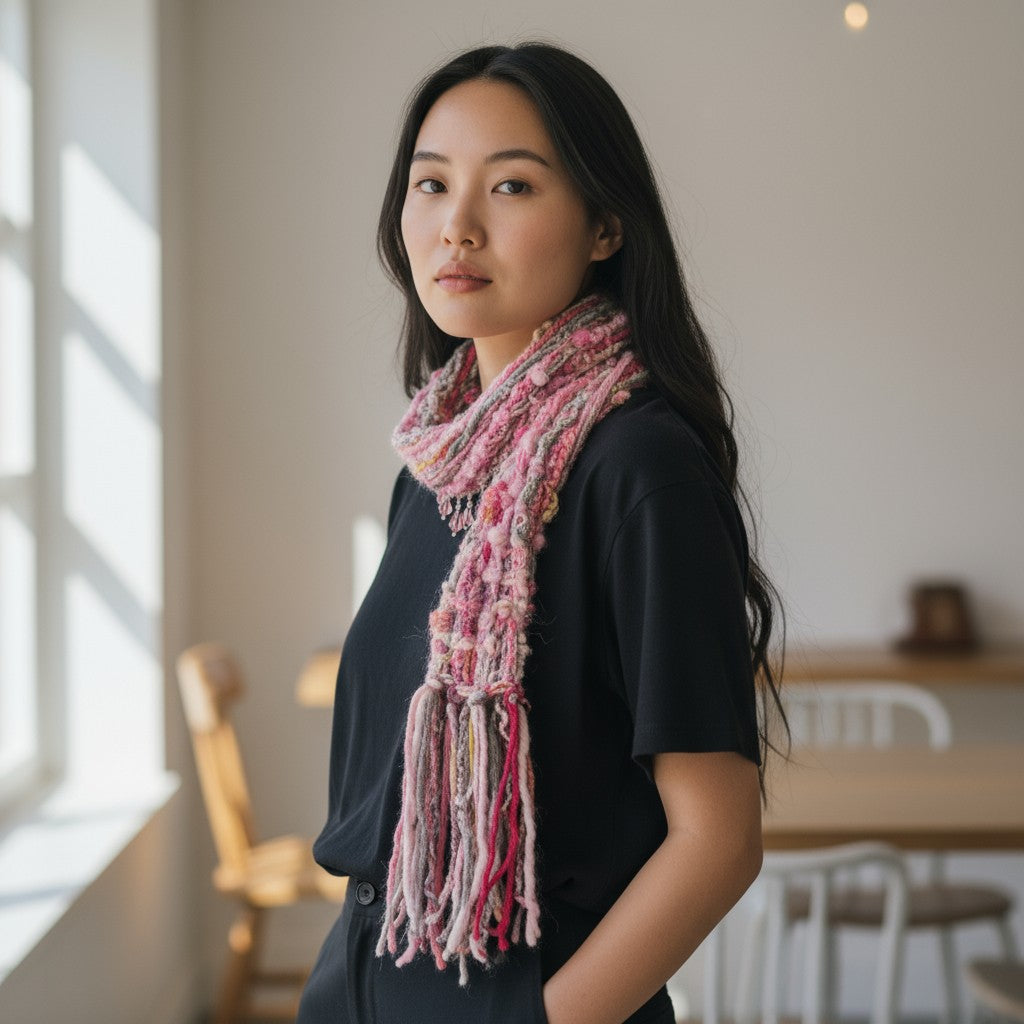 Boho Beaded Lightweight Scarf Necklace - Dark and Light Pink with Gray