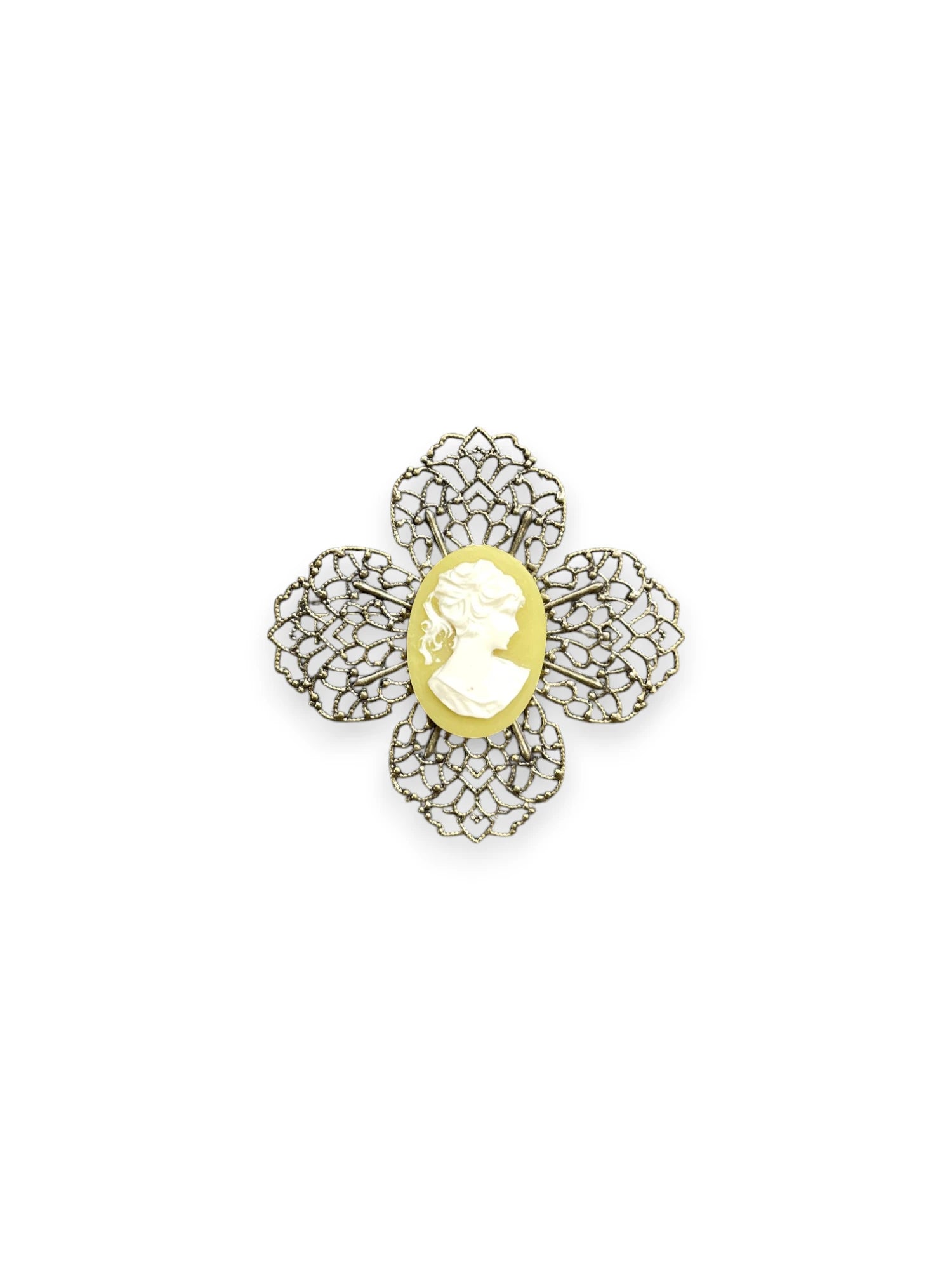 Victorian Cameo Brooch, Yellow & Gold Filigree Brooch, Vintage Style Jewelry