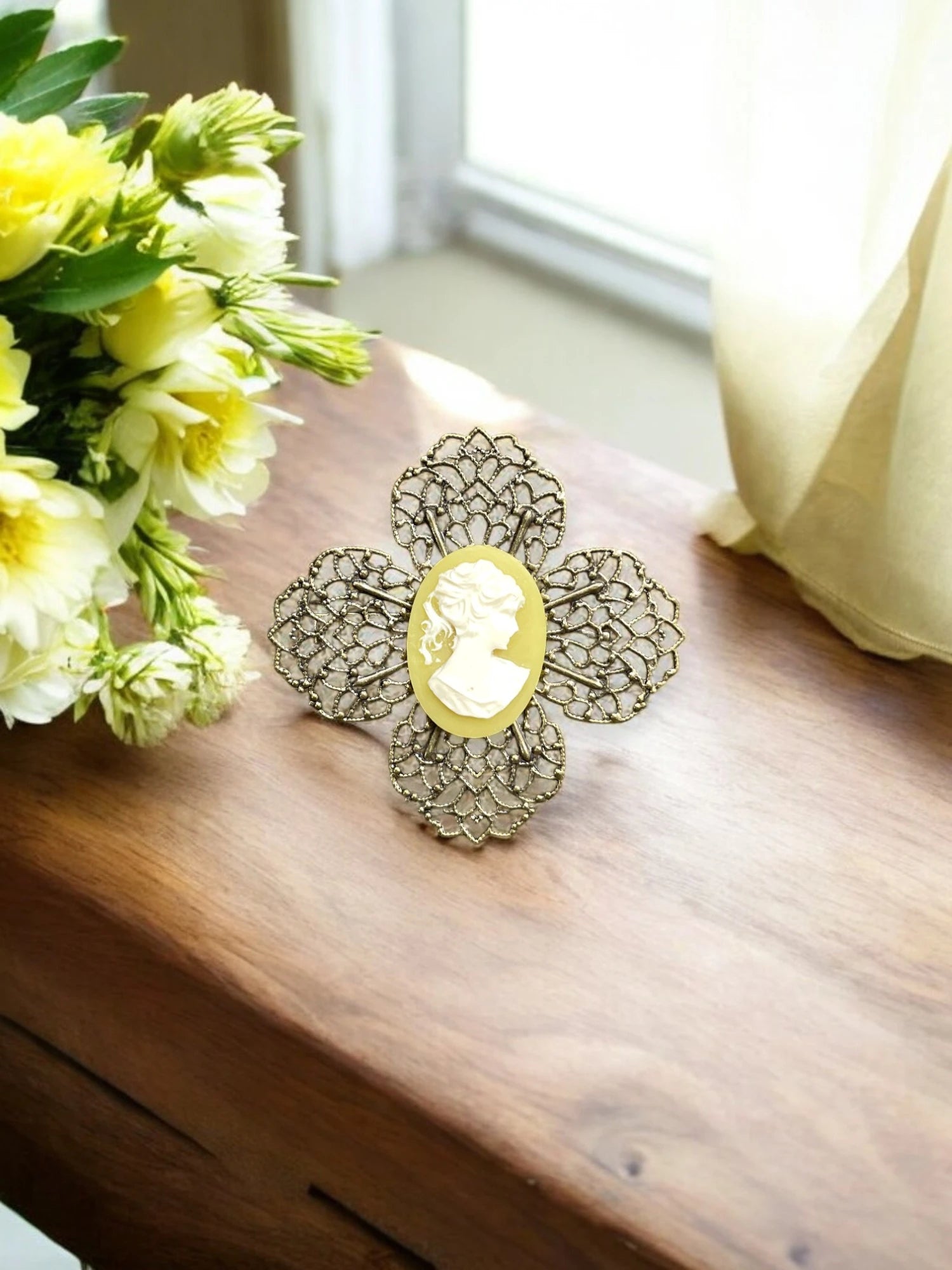 Victorian Cameo Brooch, Yellow & Gold Filigree Brooch, Vintage Style Jewelry