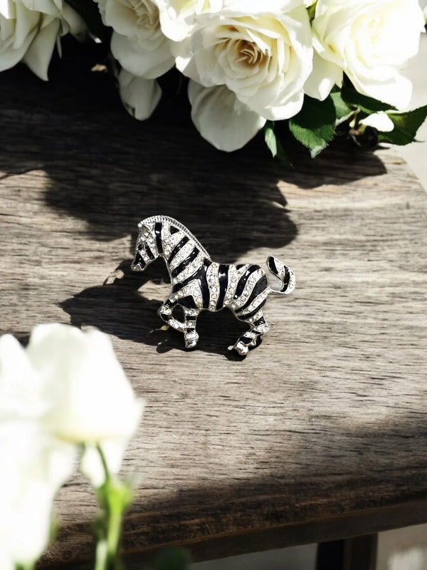 Zebra Brooch, Crystal Zebra Pin, Animal Brooch, Rhinestone Brooch