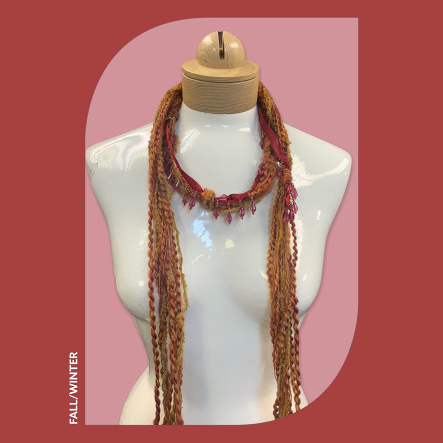 Boho Beaded Lightweight Mohair Scarf Necklace - Orange and Red