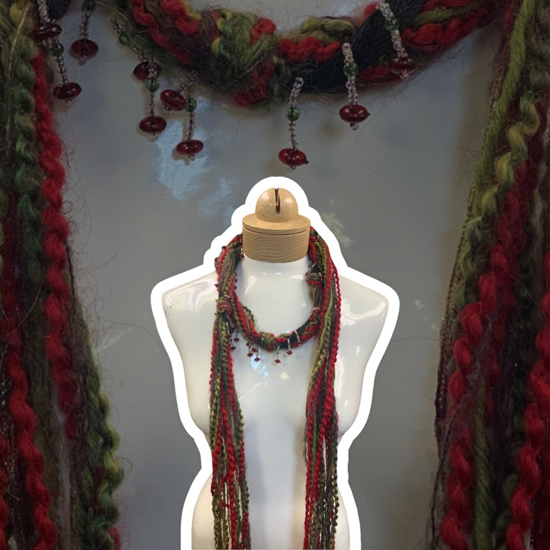Boho Beaded Lightweight Mohair Scarf Necklace - Green and Red