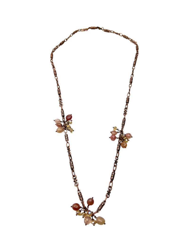 Decorative Copper Chain Necklace with Floating Clusters of Sunstone and Crystals