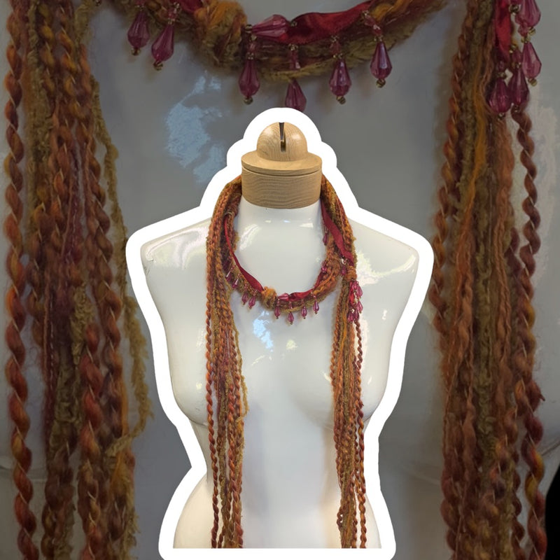 Boho Beaded Lightweight Mohair Scarf Necklace - Orange and Red