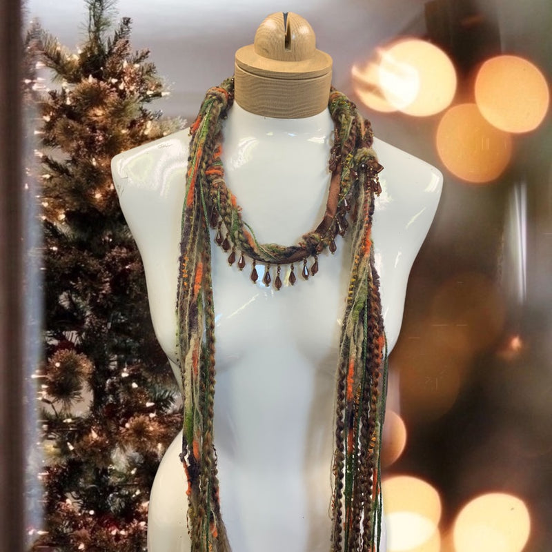 Boho Beaded Lightweight Mohair Scarf Necklace - Orange and Brown