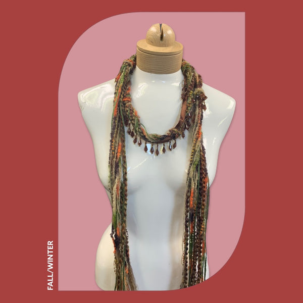 Boho Beaded Lightweight Mohair Scarf Necklace - Orange and Brown