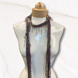 Boho Beaded Lightweight Mohair Scarf Necklace - Eggplant and Gold w/Pale Purple Floral Beads