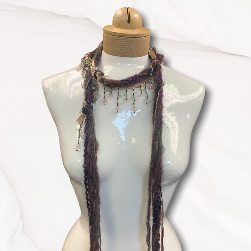 Boho Beaded Lightweight Mohair Scarf Necklace - Eggplant and Gold w/Pale Purple Floral Beads