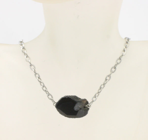 Black Agate Pendant Necklace on Silver Chain