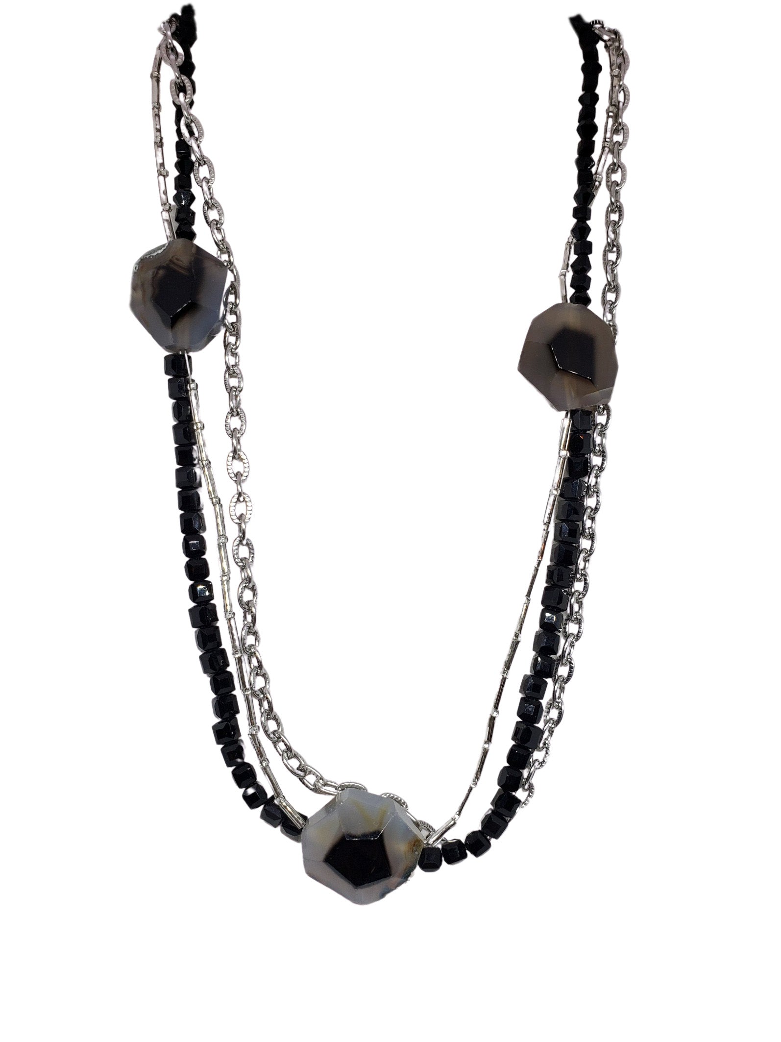 Handmade Black & Silver Agate Crystal Multi-Strand Statement Necklace - Michelle Marie Boutique